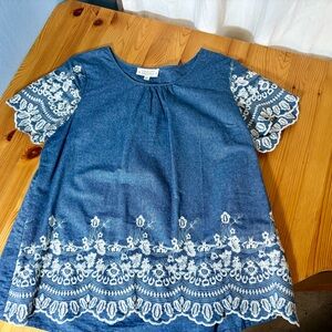 Crescent Denim Blue Kids Blouse with White Embroidery